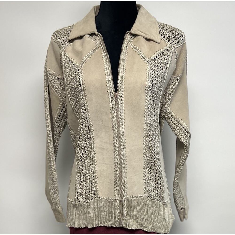 Vintage 90s Y2K Suede Leather & Crochet Patchwork Jacket‎ Coat Womens Large Glam